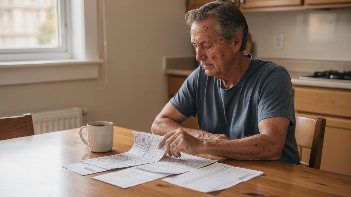 Person reviewing retirement account statements and tax forms at a kitchen table